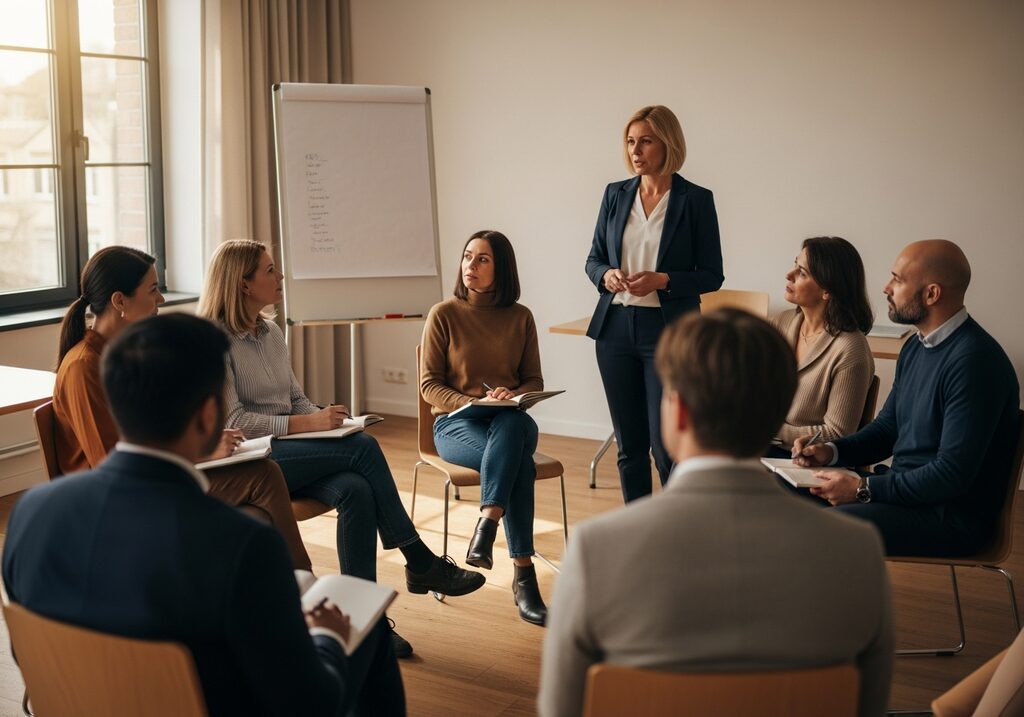 A facilitator leading a small workshop session