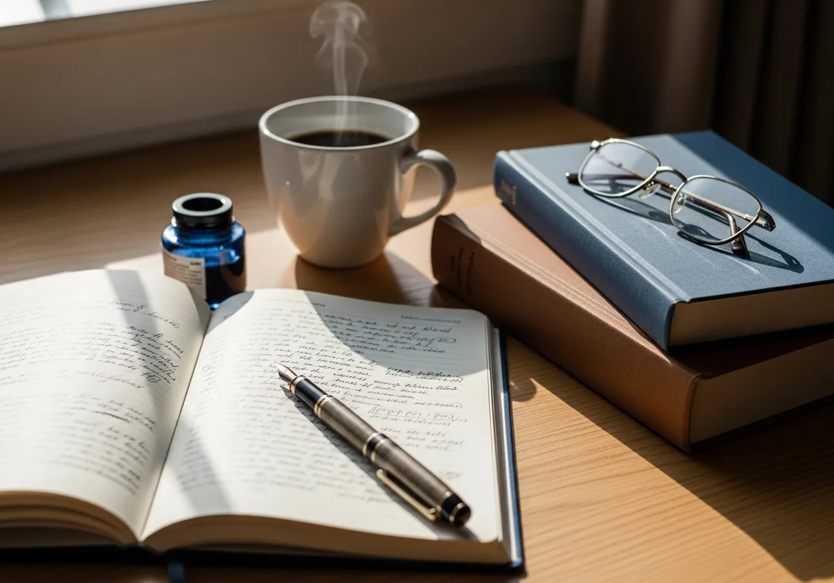An open journal, pen, books, and a cup of coffee in morning light